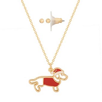 LC Lauren Conrad Gold Tone Santa Dachshund Necklace & Earring Set
