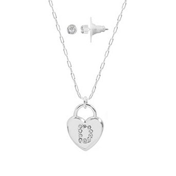 LC Lauren Conrad Silver Tone Heart Initial Lock Pendant Necklace & Earring Set