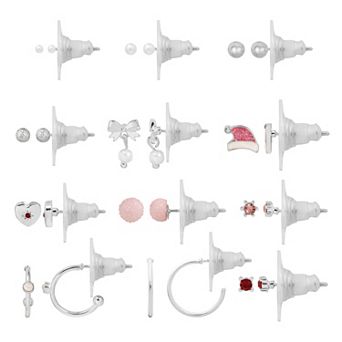 LC Lauren Conrad Silver Tone Christmas Sparkle with Santa Hats & Bows 12-Pair Earring Set