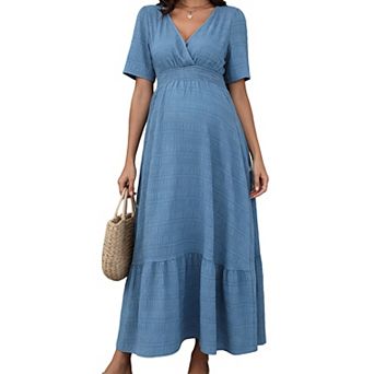Maternity Maxi Dress V Neck Short Sleeve Smocked Waist A Line Pregnancy Long Dress