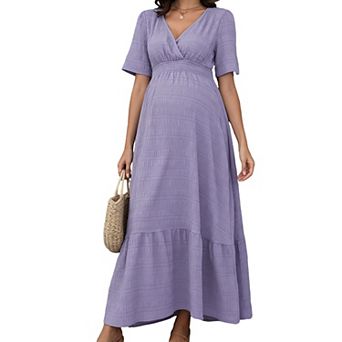 Maternity Maxi Dress V Neck Short Sleeve Smocked Waist A Line Pregnancy Long Dress