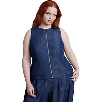 ELOQUII Women's Plus Size Chambray Zip Up Top
