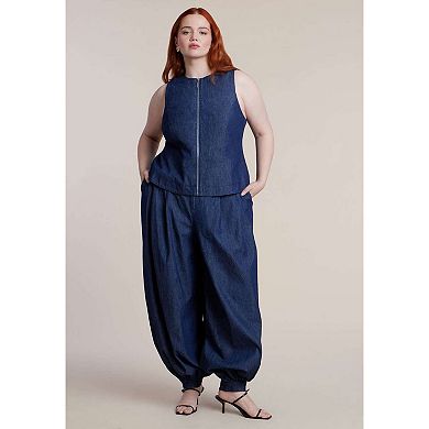 ELOQUII Women's Plus Size Chambray Zip Up Top