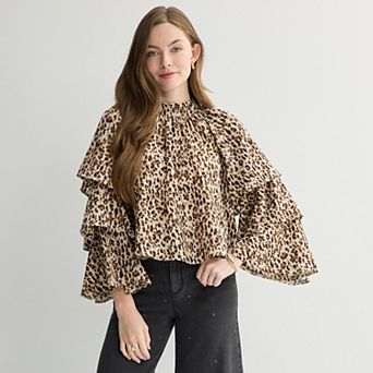 Women's BB Dakota Long Tiered Sleeve High Neck Button Front Top