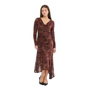 Women's BB Dakota Long Sleeve Cowl Neck Asymmetrical Hem Dress with Side Ruching