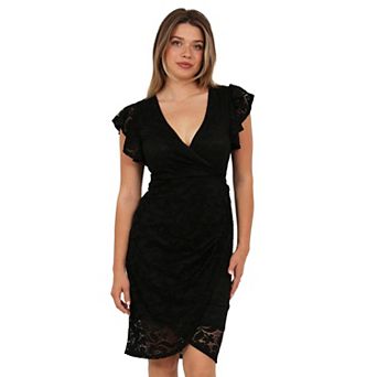 Women's 24Seven Comfort Apparel Lace V-Neck Flutter Sleeve Faux Wrap Midi Dress