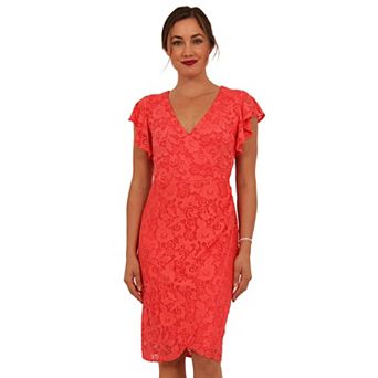 Women's 24Seven Comfort Apparel Lace V-Neck Flutter Sleeve Faux Wrap Midi Dress