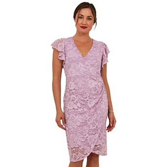 Women's 24Seven Comfort Apparel Lace V-Neck Flutter Sleeve Faux Wrap Midi Dress