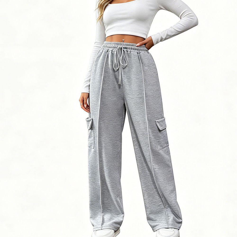 Women's High Waist Cargo Sweatpants, Elastic Drawstring Wide Leg