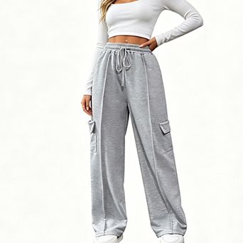 Women's High Waist Cargo Sweatpants, Elastic Drawstring Wide Leg Side Pocket Casual Pants