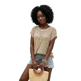 Women's Lightweight Sweater Top Crew Neck Cap Sleeve Hollow Out Knit Casual T Shirts
