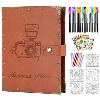 Leather Scrapbook Album 60 Pages 8.5x11 Inch Photo Book with Metallic Markers DIY Templates Stickers