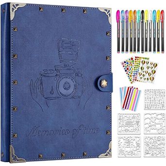 Leather Scrapbook Album 60 Pages 8.5x11 Inch Photo Book with Metallic Markers DIY Templates Stickers