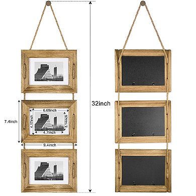 Rustic Wooden 5x7 Hanging Picture Frame 3-Opening Collage Wall Decor Carbonized