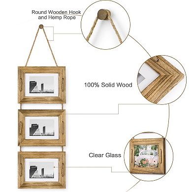 Rustic Wooden 5x7 Hanging Picture Frame 3-Opening Collage Wall Decor Carbonized