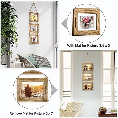 Rustic Wooden 5x7 Hanging Picture Frame 3-Opening Collage Wall Decor Carbonized