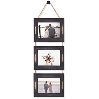 Rustic Wooden 5x7 Hanging Picture Frame 3-Opening Collage Wall Decor Carbonized