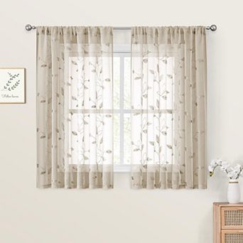 Sheer Kitchen Curtains 52x45 Inch 2 Panels Embroidered Leaf Short Tier Curtains Rod Pocket for Room