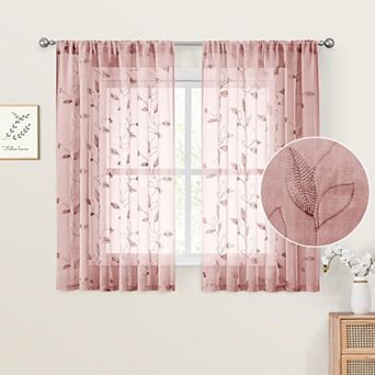 Sheer Kitchen Curtains 52x45 Inch 2 Panels Embroidered Leaf Short Tier Curtains Rod Pocket for Room