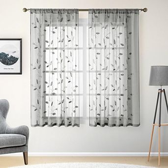 Sheer Kitchen Curtains 52x45 Inch 2 Panels Embroidered Leaf Short Tier Curtains Rod Pocket for Room