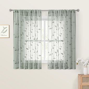 Sheer Kitchen Curtains 52x45 Inch 2 Panels Embroidered Leaf Short Tier Curtains Rod Pocket for Room