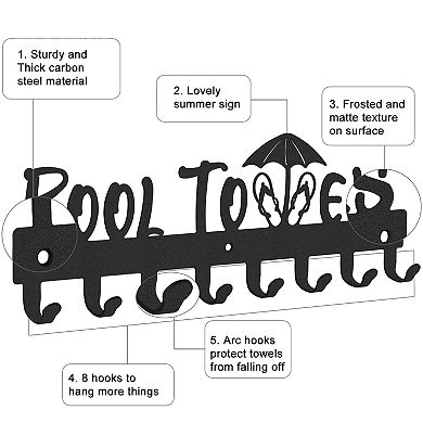 Pool Towel Rack 8 Hooks Wall Mounted Carbon Steel Bathroom Outdoor Hanger
