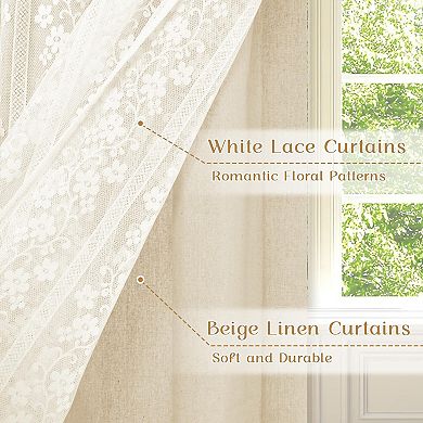 Linen Valances for Windows Double Layer Lace Kitchen Curtains Rod Pocket 1 Panel
