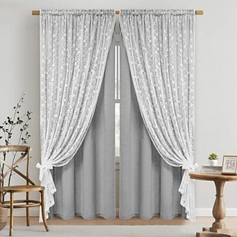 Linen Valances for Windows Double Layer Lace Kitchen Curtains Rod Pocket 1 Panel