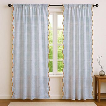Hand Block Printed Floral Cotton Curtains 84 Inch Rod Pocket Scalloped Edge Semi Sheer Boho Farmhous