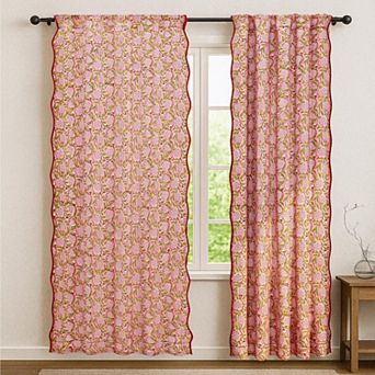 Hand Block Printed Floral Cotton Curtains 84 Inch Rod Pocket Scalloped Edge Semi Sheer Boho Farmhous