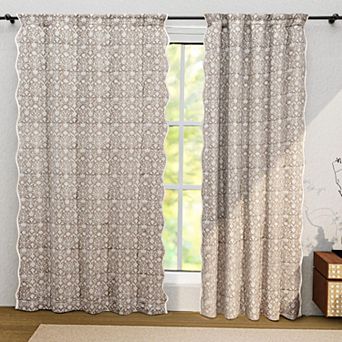 Hand Block Printed Floral Cotton Curtains 84 Inch Rod Pocket Scalloped Edge Semi Sheer Boho Farmhous