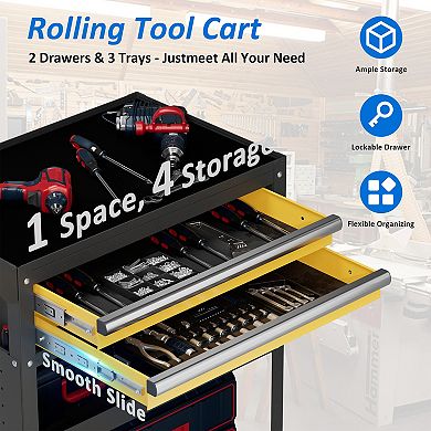 5-Tier Heavy-Duty Rolling Tool Cart with 2 Lockable Drawers, Pegboard & Locking Wheels, 400 lb