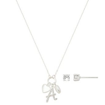 Isla & Alex Fine Silver Plated Cubic Zirconia Initial & Heart Charm Pendant Necklace & Cubic Zirconia Earring Set