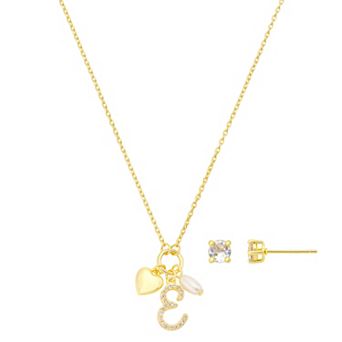 Isla & Alex Fine Silver Plated Cubic Zirconia Initial & Heart Charm Pendant Necklace & Cubic Zirconia Earring Set