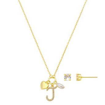 Isla & Alex Fine Silver Plated Cubic Zirconia Initial & Heart Charm Pendant Necklace & Cubic Zirconia Earring Set