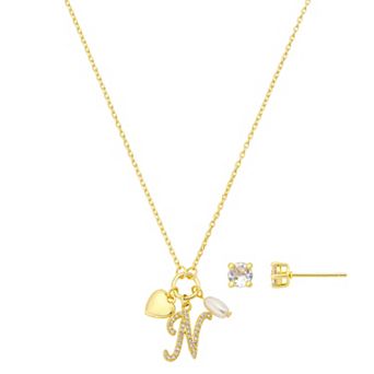 Isla & Alex Fine Silver Plated Cubic Zirconia Initial & Heart Charm Pendant Necklace & Cubic Zirconia Earring Set