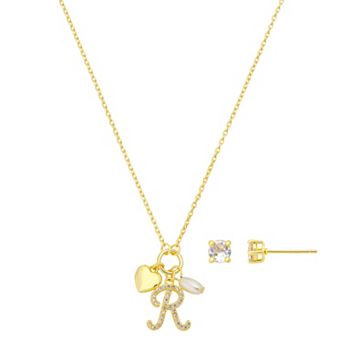 Isla & Alex Fine Silver Plated Cubic Zirconia Initial & Heart Charm Pendant Necklace & Cubic Zirconia Earring Set