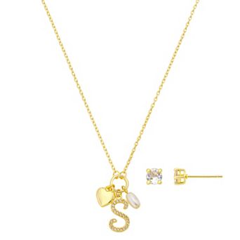 Isla & Alex Fine Silver Plated Cubic Zirconia Initial & Heart Charm Pendant Necklace & Cubic Zirconia Earring Set