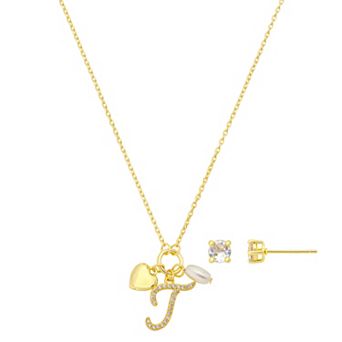 Isla & Alex Fine Silver Plated Cubic Zirconia Initial & Heart Charm Pendant Necklace & Cubic Zirconia Earring Set