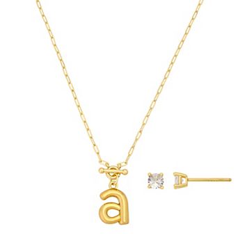 Isla & Alex 14k Gold Flash Plated Initial Necklace & Round Cubic Zirconia Post Earring Set