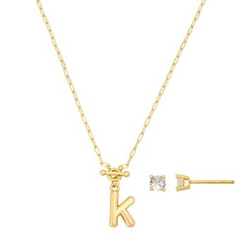 Isla & Alex 14k Gold Flash Plated Initial Necklace & Round Cubic Zirconia Post Earring Set