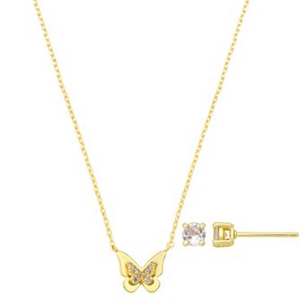 Isla & Alex 14k Gold Flash Plated Cubic Zirconia Butterfly Necklace & Stud Earring Set