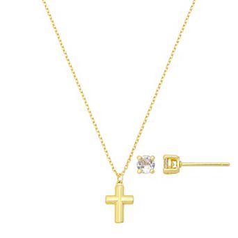 Isla & Alex 14k Gold Flash Plated Cross Necklace & Cubic Zirconia Stud Earring Set