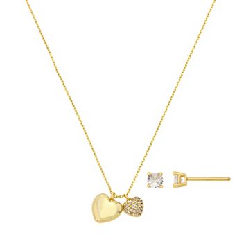 Isla & Alex 14k Gold Flash Plated & Round Cubic Zirconia Heart Charm Necklace & Stud Earring Set