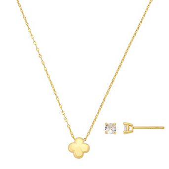 Isla & Alex 14k Gold Flash Plated Clover Necklace & Round Cubic Zirconia Stud Earring Set