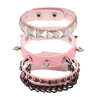 3 pc Rock Punk Studded Leather Bracelet Set, 8.7" Goth Spiked Cuff PU Wristband Adjustable Bracelets