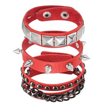 3 pc Rock Punk Studded Leather Bracelet Set, 8.7" Goth Spiked Cuff PU Wristband Adjustable Bracelets
