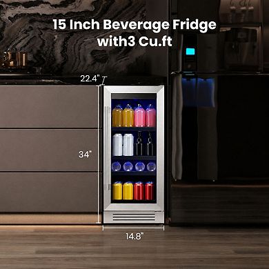 15 inch Beverage Refrigerator, 80 Cans Cooler Built-in/Freestanding for Home