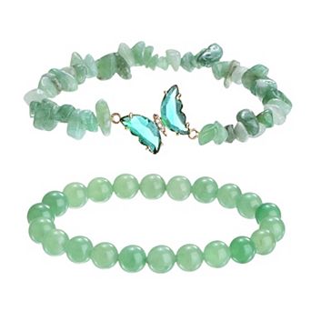 2 pc Crystal Bracelets for Women, Amethyst Beaded Bracelet Natural Gemstone Butterfly Charm Stretch