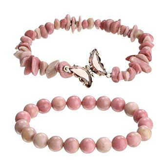 2 pc Crystal Bracelets for Women, Amethyst Beaded Bracelet Natural Gemstone Butterfly Charm Stretch